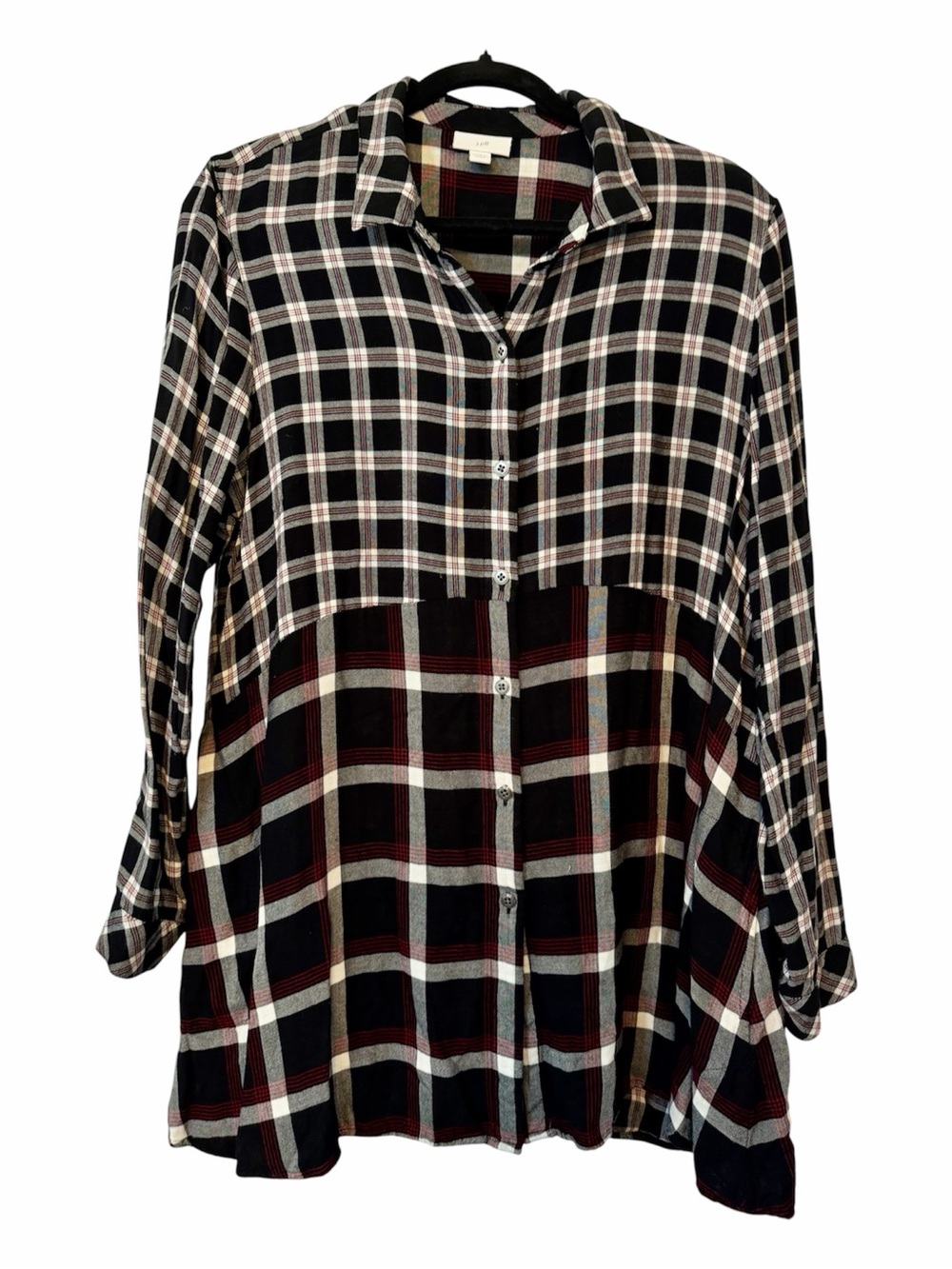 J.Jill Black Plaid Print Button Front Long Sleeve Tunic Blouse With Pockets LP